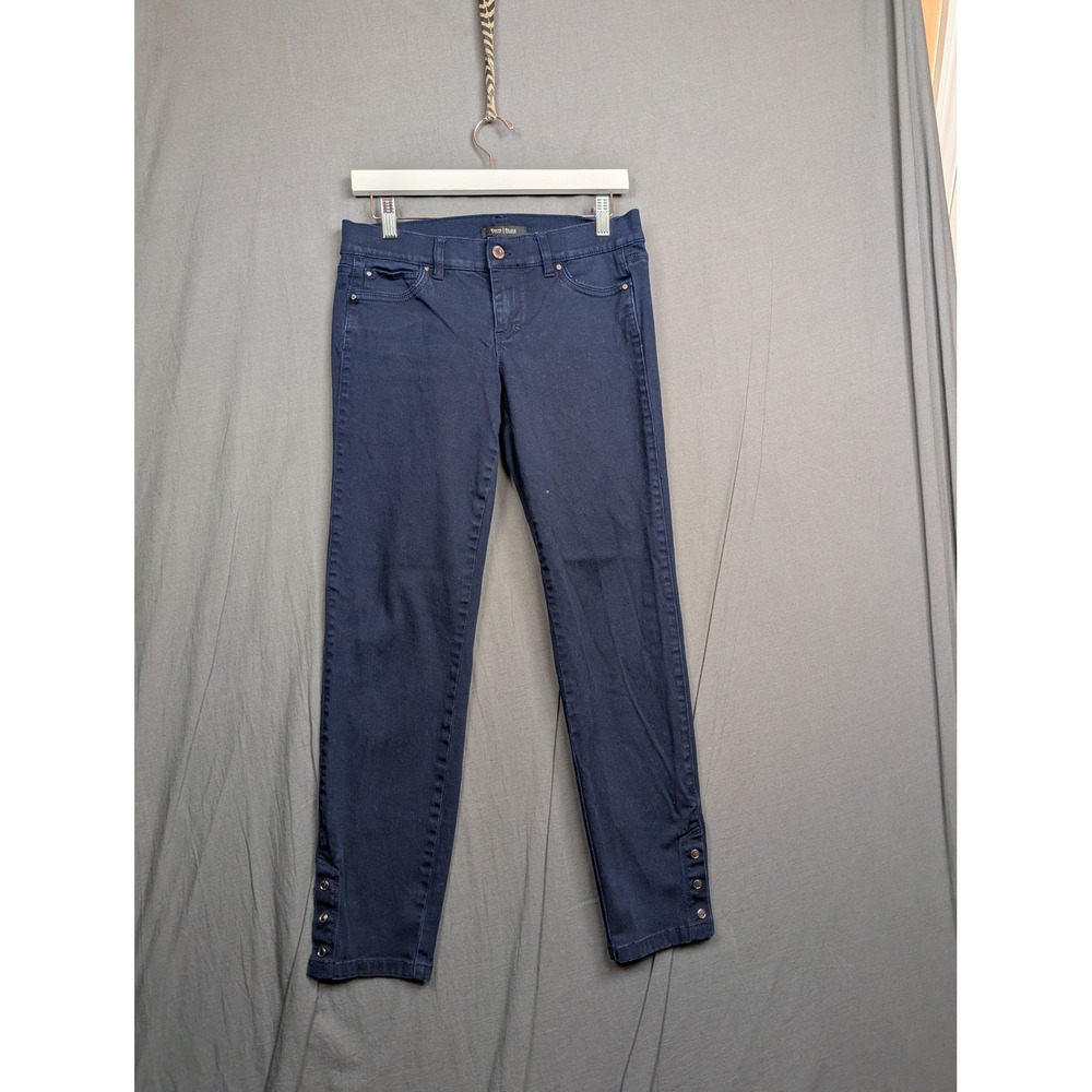 White House Black Market Navy Blue Skinny Ankle Jeans Snap Cuff Detail Size 4